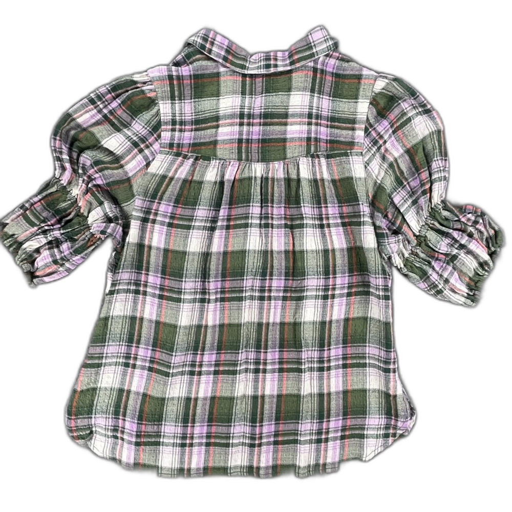 Anthropologie Pilcro Tallulah Puff-Sleeve Plaid Buttondown Top S Green Blouse - Picture 2 of 13